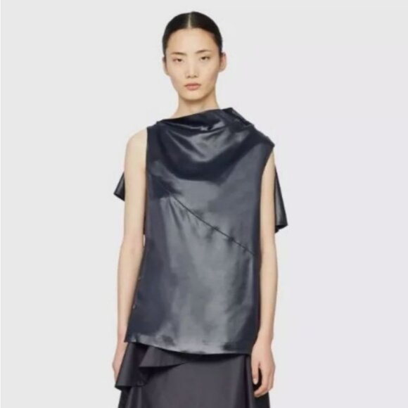 3.1 PHILLIP LIM Cape Top 10 Lacquered Leatherette Flare Short Sleeve Blouse $495 - Picture 3 of 7
